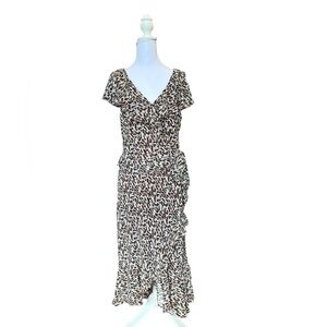 Sheri Martin Women’s Y2K Animal Print V Neck Midi Ruffle Dress Size 12 Brown